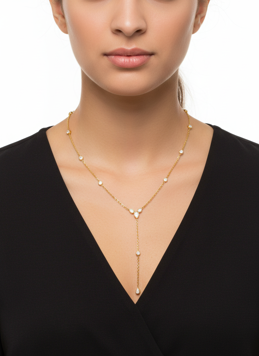 Colar dourado com pedras brancas em mulher com camisa preta