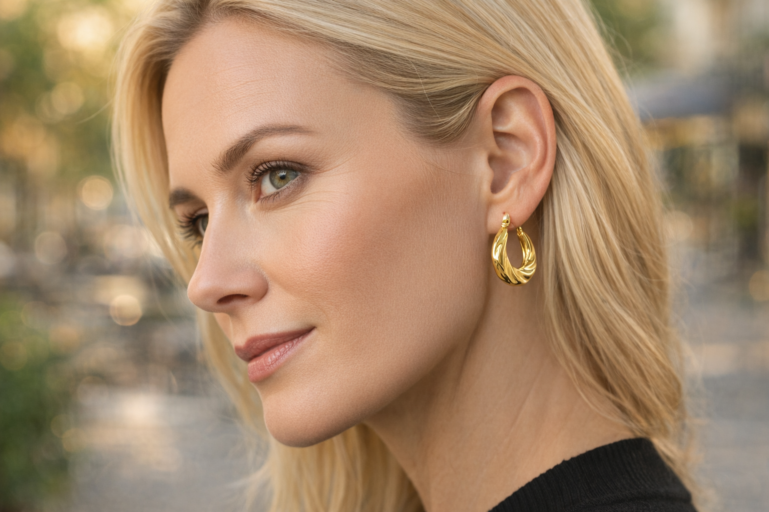 Brincos dourados em forma de argola torcida usados por mulher loira