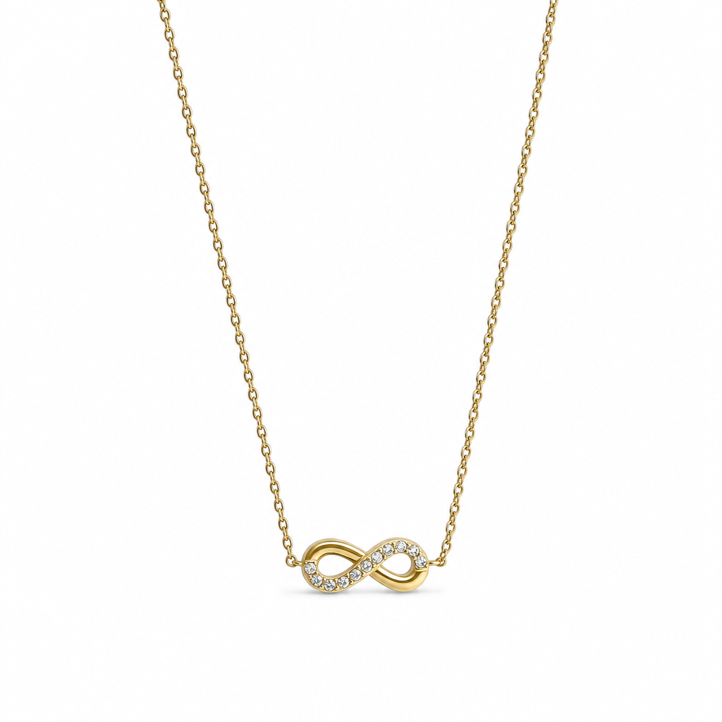 Colar dourado com pendente em forma de infinito com cristais