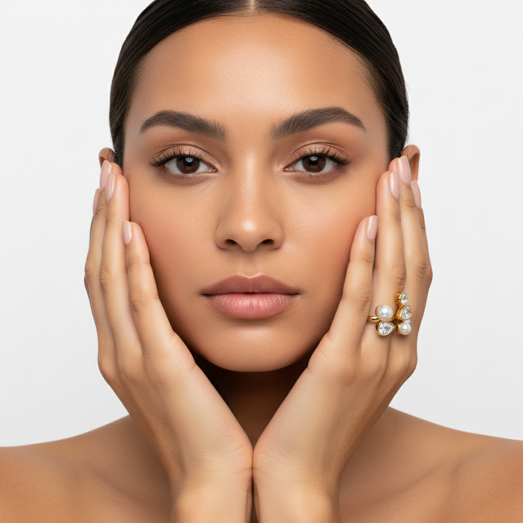 Mulher com anel dourado com pérolas e pedras brilhantes, segurando o rosto com as duas mãos