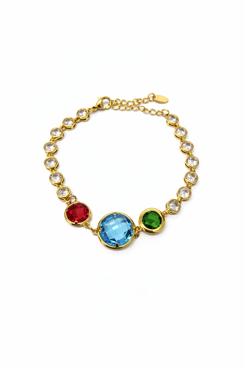 Pulseira dourada com pedras coloridas e transparentes redondas