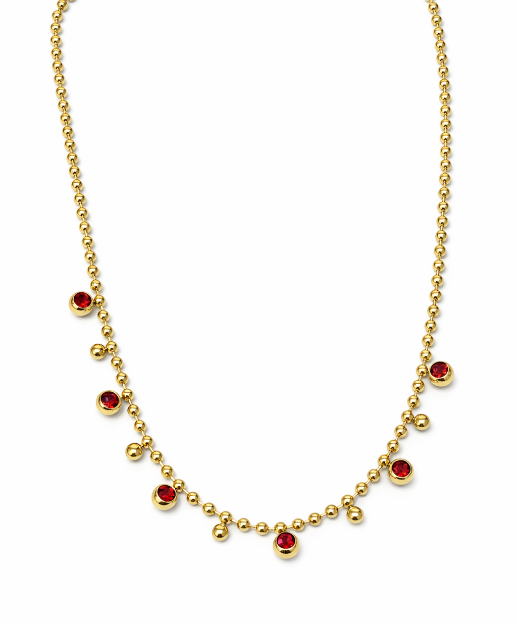 Colar dourado com pendentes vermelhos e dourados