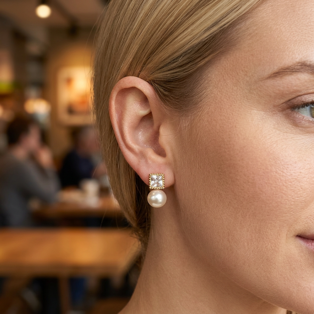 Brinco dourado com pedra e pérola na orelha de mulher