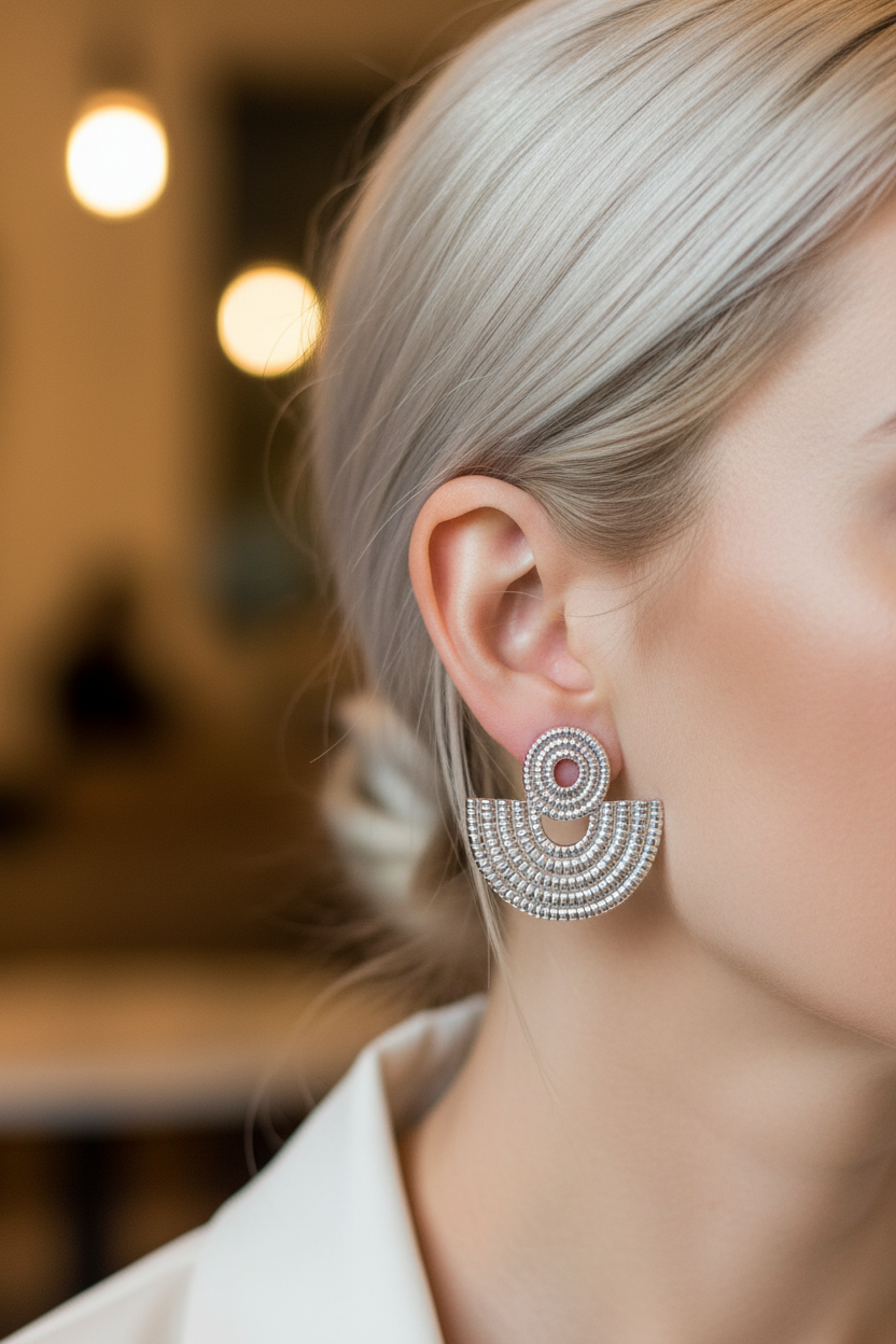 Brincos de prata com design de círculos concêntricos e meia-lua