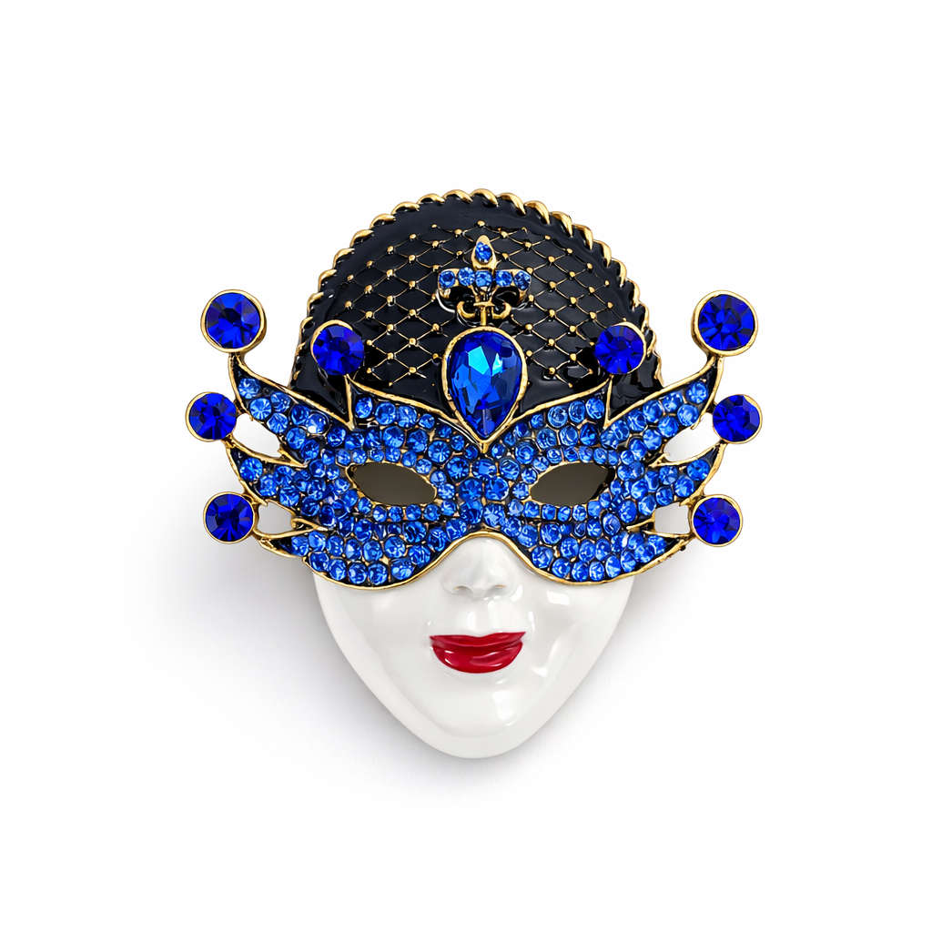 Máscara decorativa branca com máscara azul e pedras azuis em fundo branco