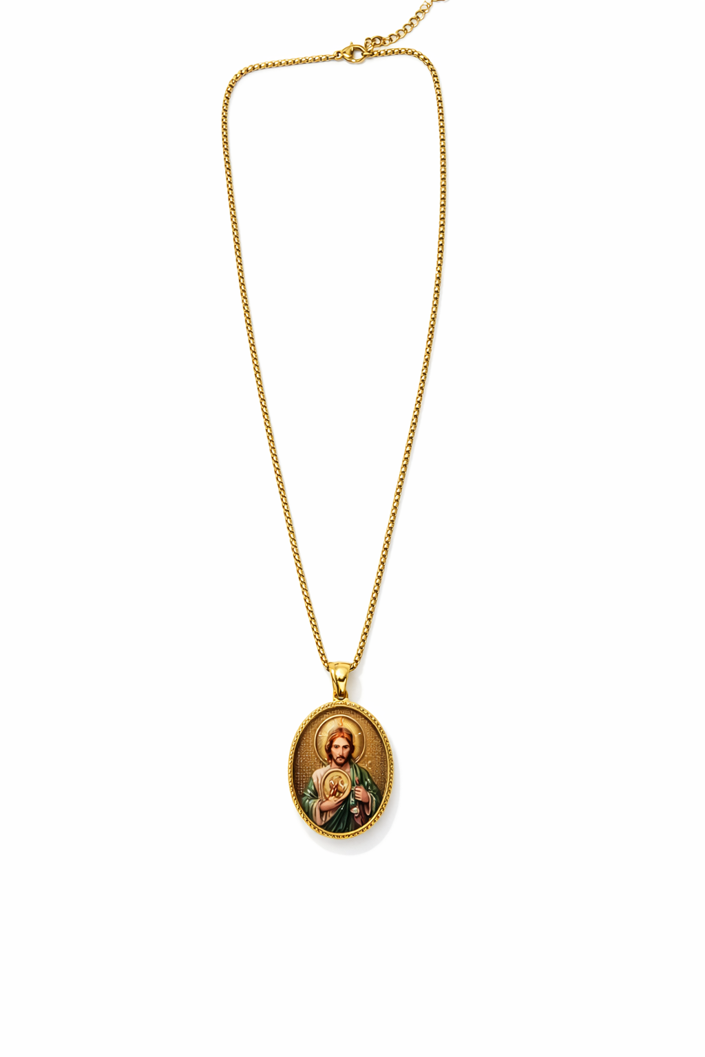 Colar dourado com pendente oval e imagem de Jesus Cristo