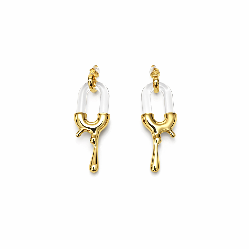 Brincos pendentes com argola transparente e detalhe dourado irregular