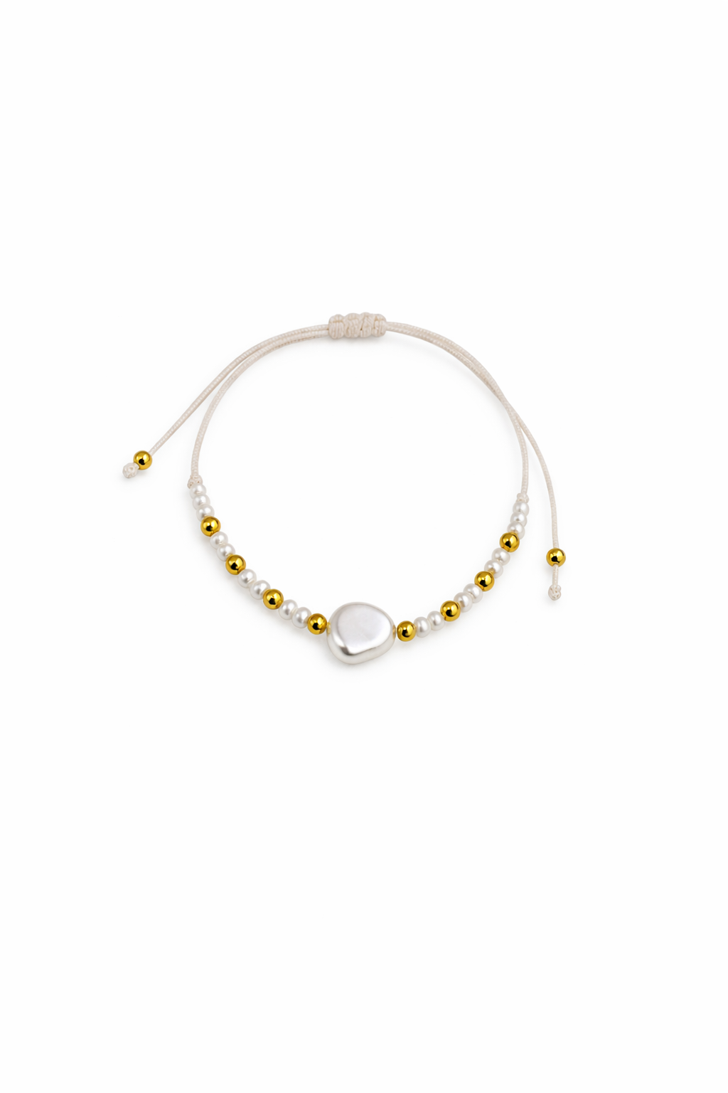 Pulseira com cordão bege e contas douradas e brancas