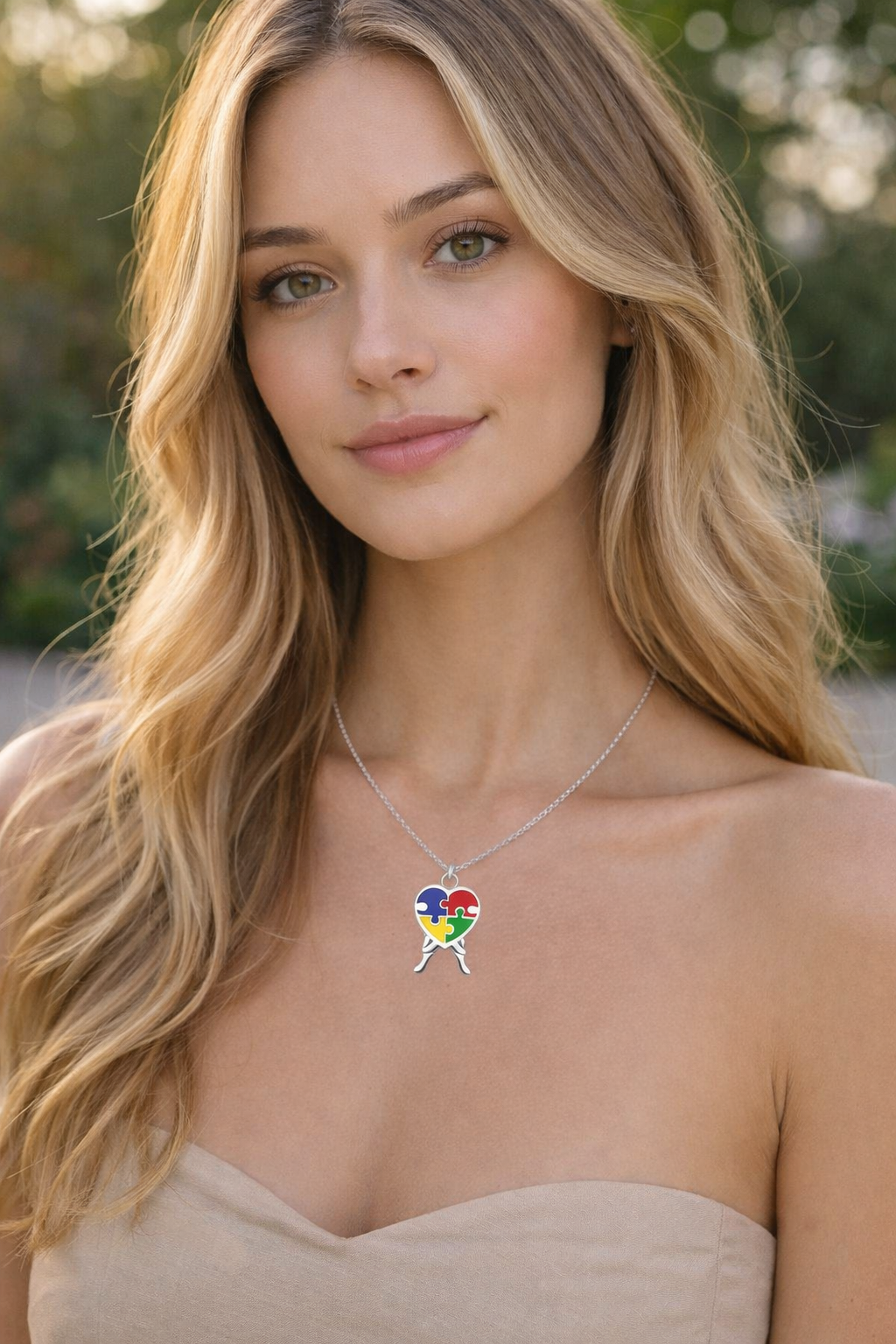 Mulher loira com colar de coração colorido de peças de puzzle