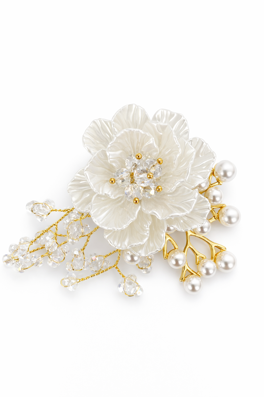 Broche em forma de flor com pérolas e cristais em ramos dourados