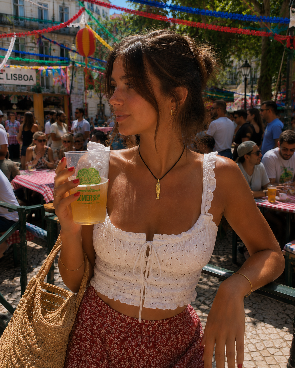 Mulher a segurar copo com bebida SOMERSBY em ambiente de festa ao ar livre.