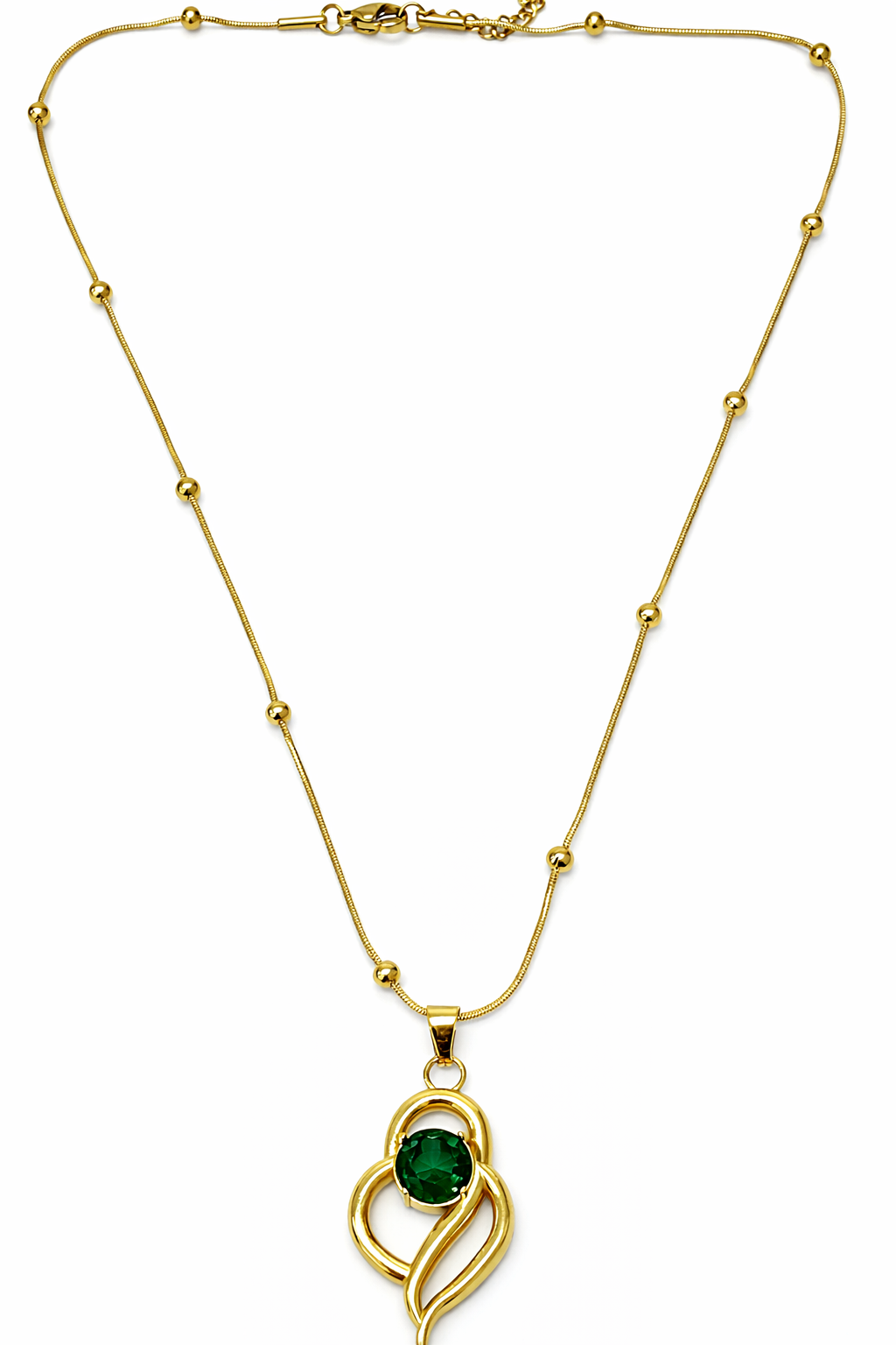 Colar dourado com pendente e pedra verde