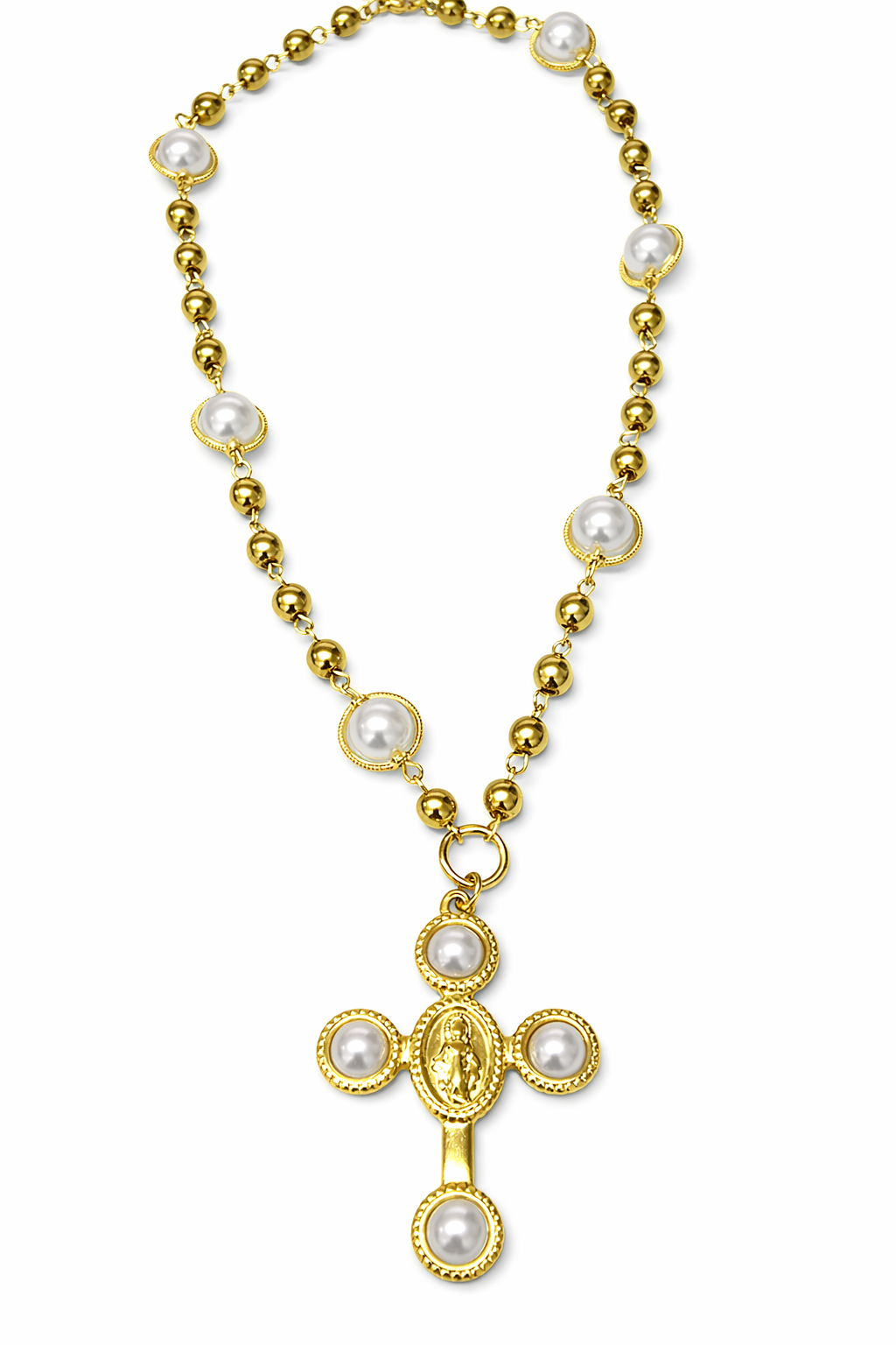 Colar dourado com pérolas falsas e pendente em forma de cruz