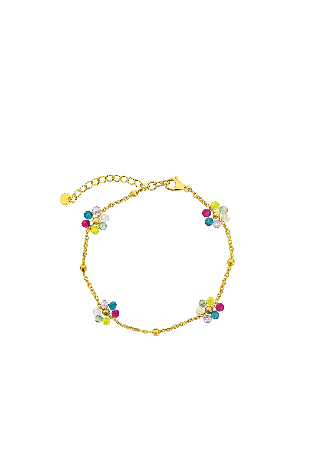 Pulseira dourada com pedras coloridas em forma de flores