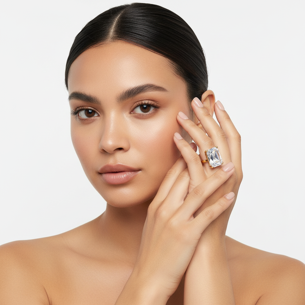 Mulher com anel dourado e pedra grande, fundo branco