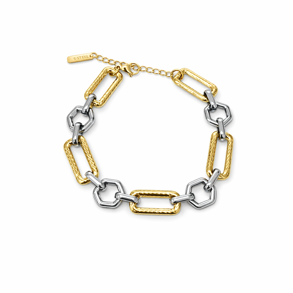Pulseira em aço inoxidável dourada e prateada com elos geométricos e fecho