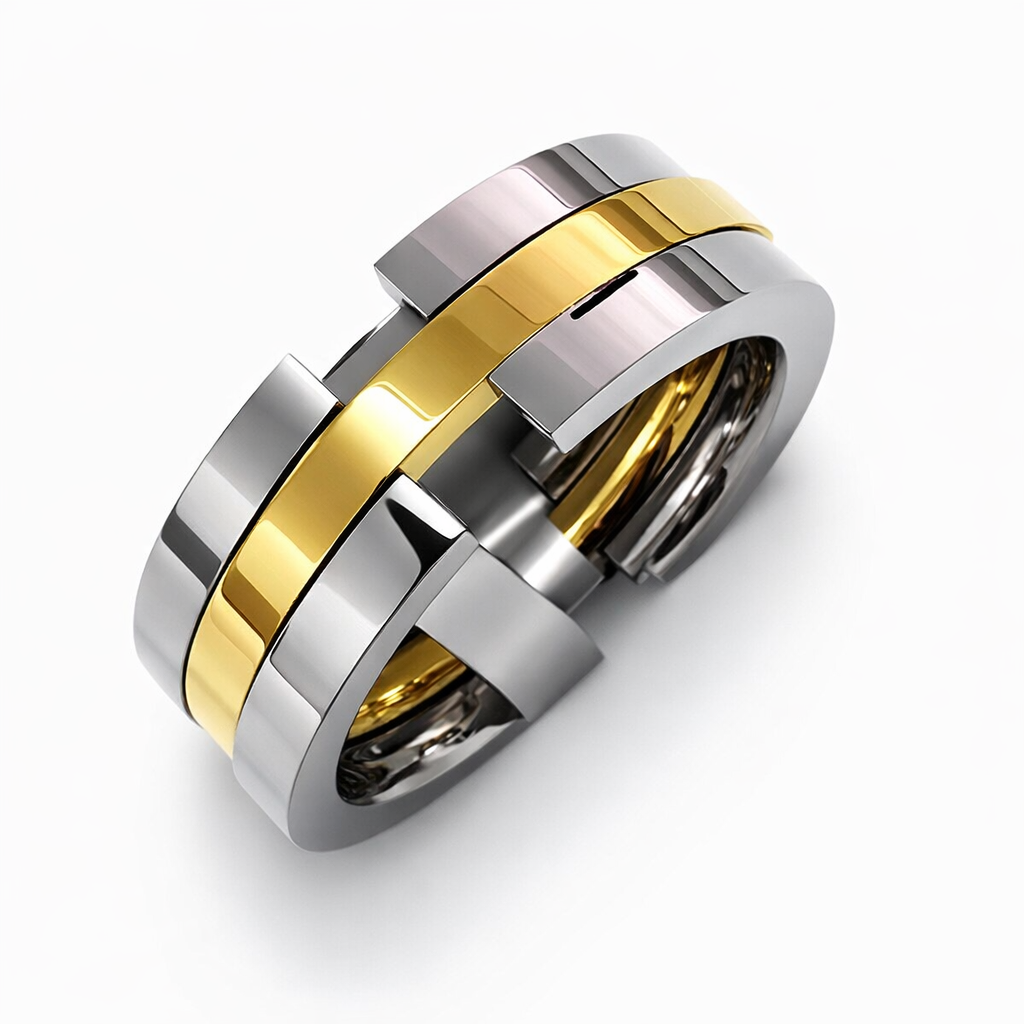 Anel moderno prata e dourado com acabamento polido