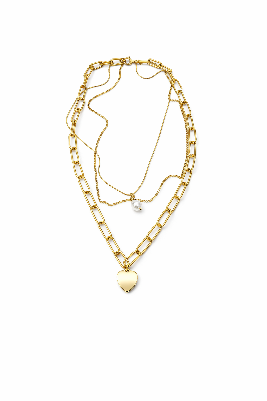 Colar dourado com pendentes de coração e pérola