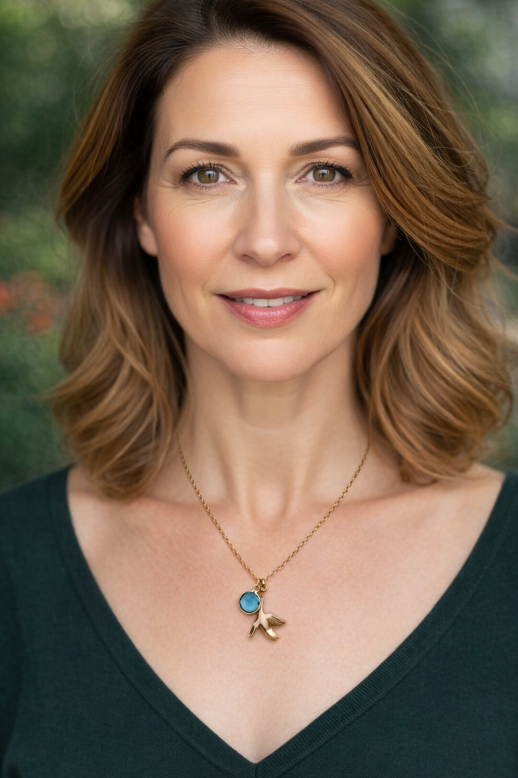 Colar dourado com pendente em forma de pássaro e pedra azul em mulher com camisola verde escura