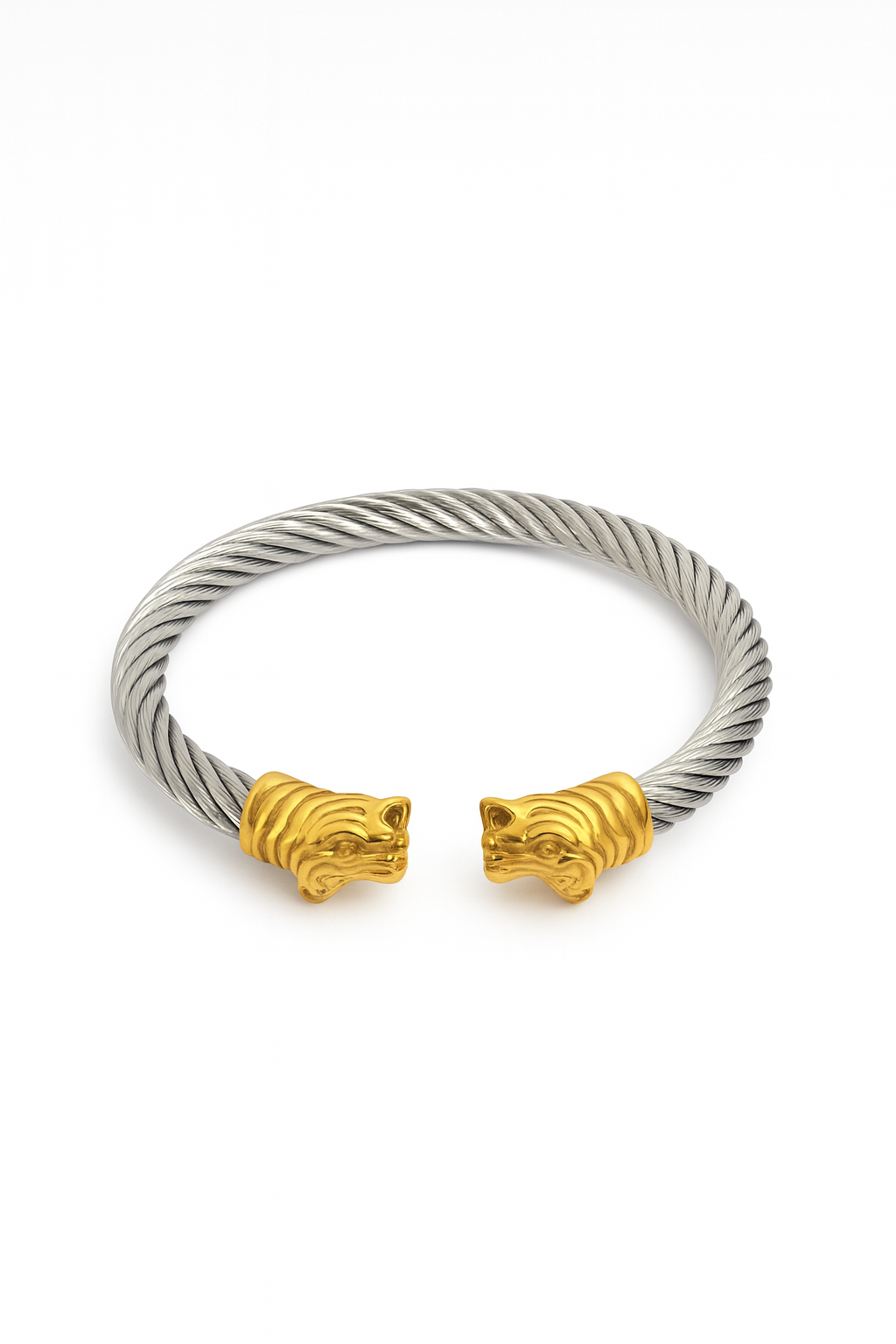 Pulseira de aço torcido com cabeças de leão douradas nas extremidades
