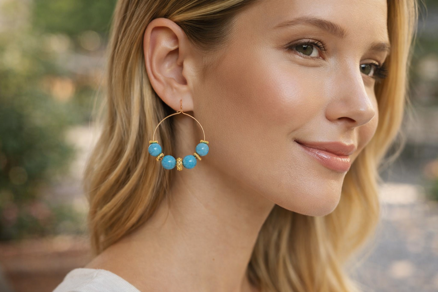 Brinco de argola dourado com contas azuis usado por mulher loira