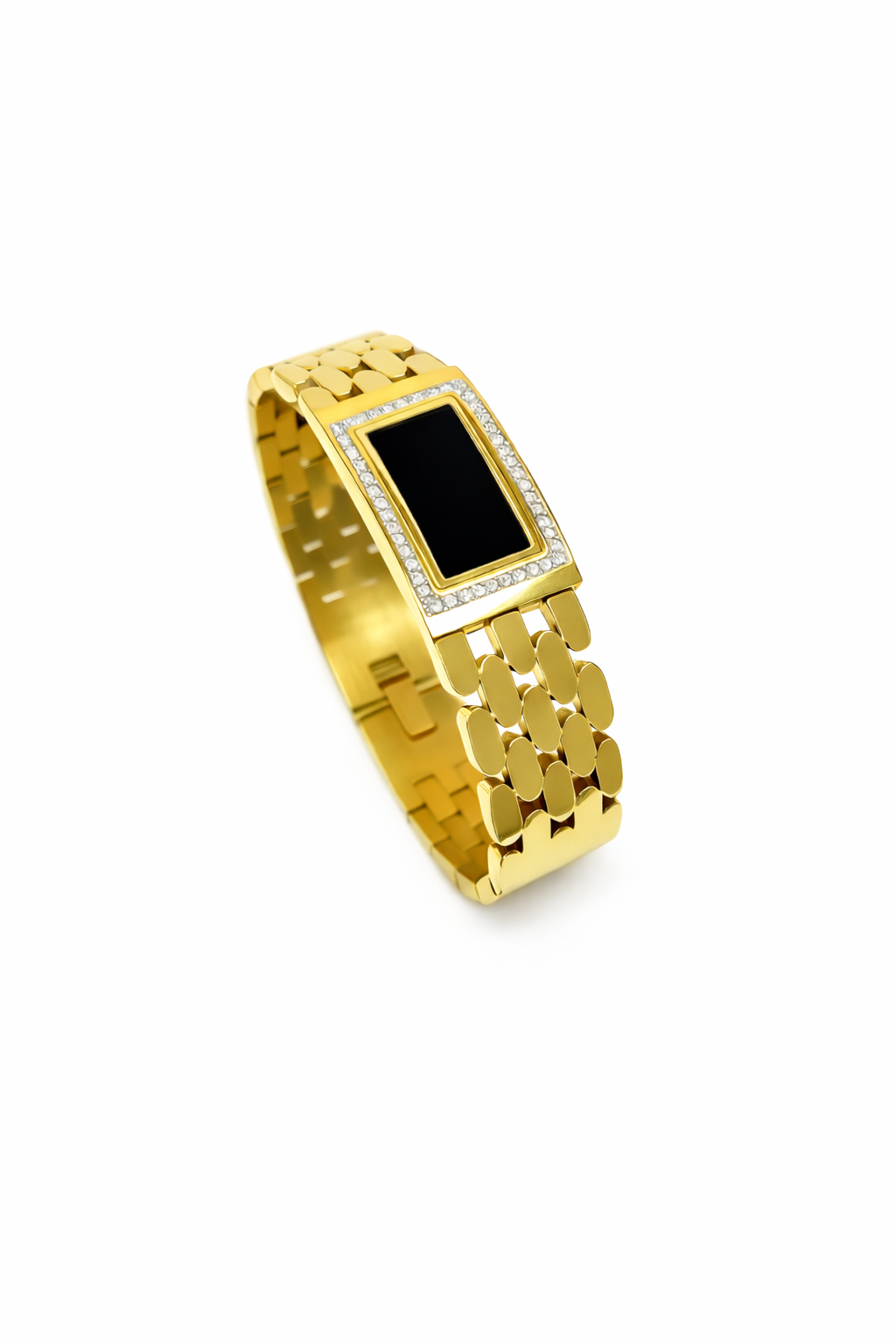 Relógio dourado com bracelete e mostrador retangular preto