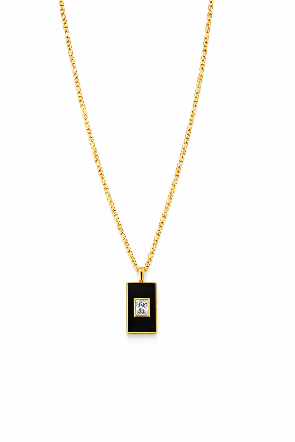 Colar dourado com pendente retangular preto e pedra branca