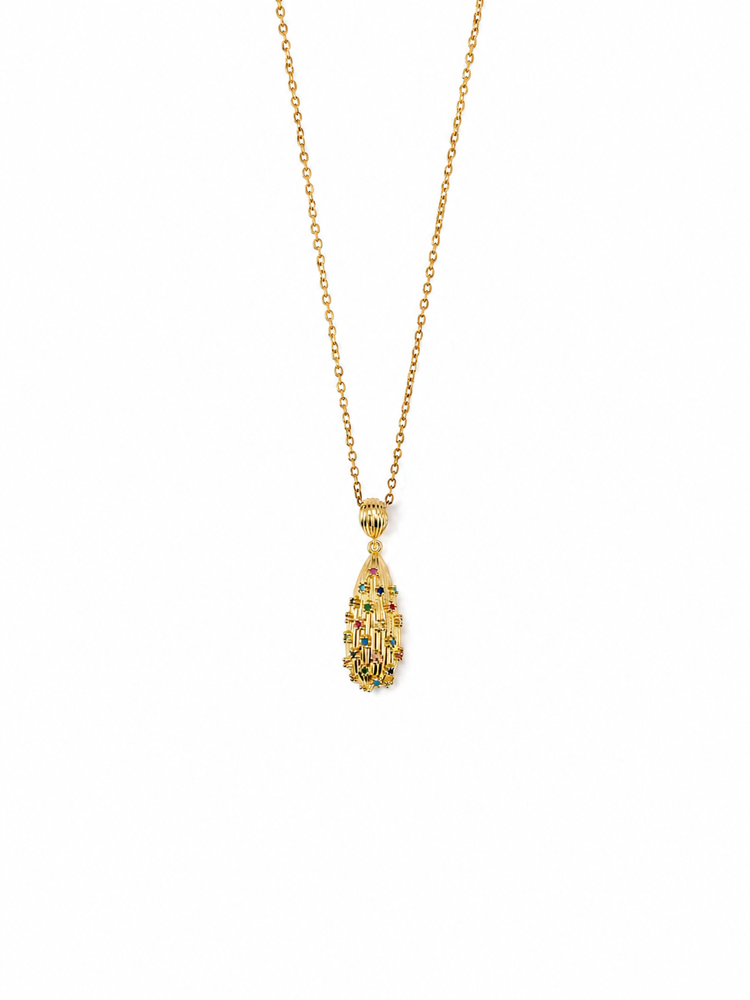 Colar dourado com pendente em forma de gota com detalhes coloridos