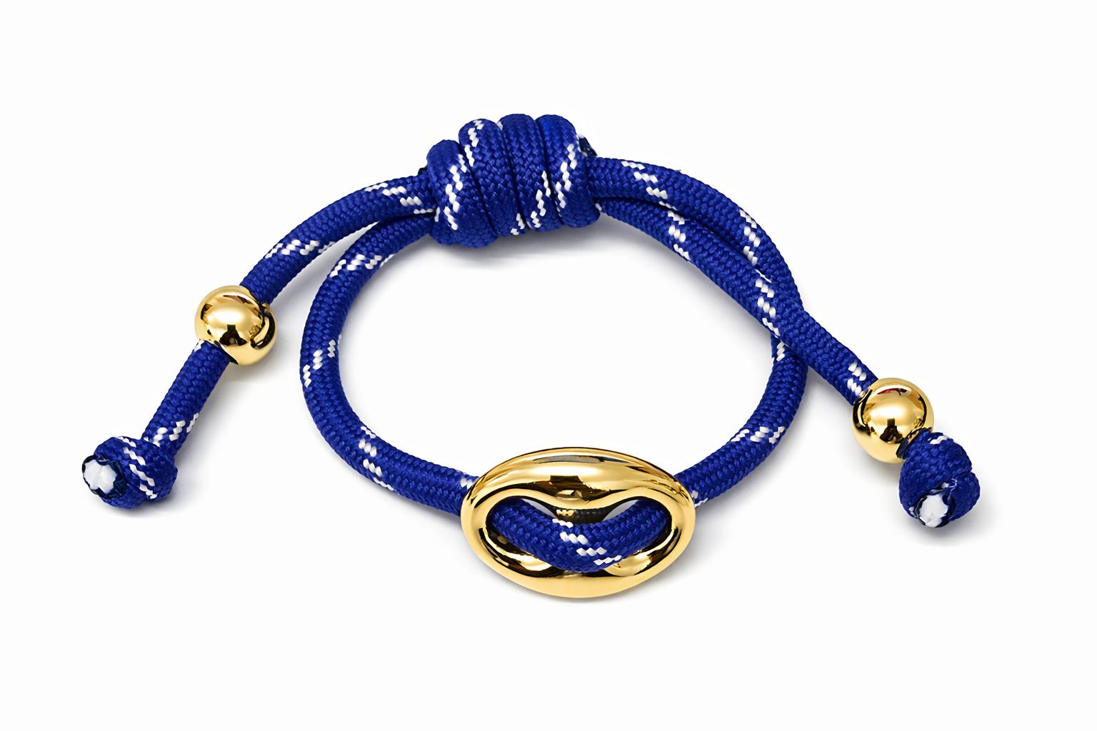 Pulseira azul com detalhes dourados e brancos