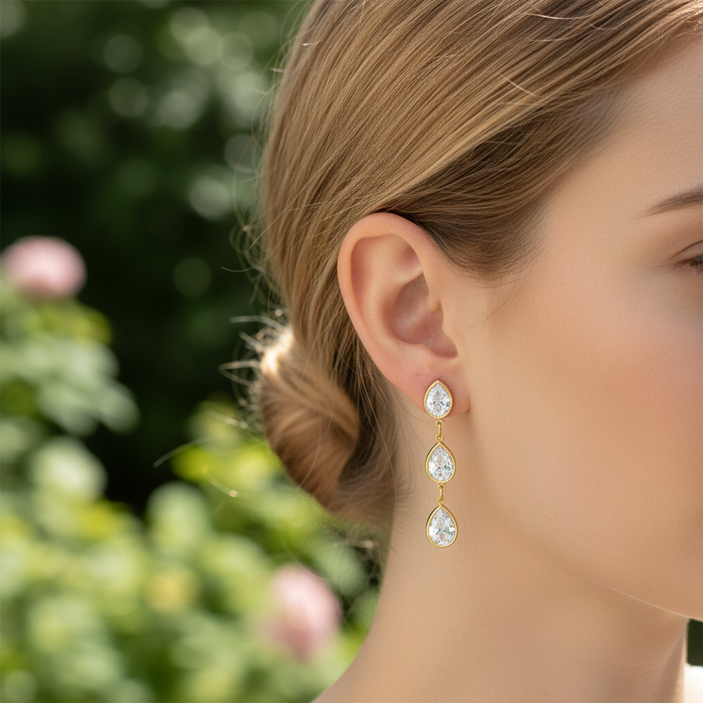 Brinco de ouro com três pedras transparentes em gota no ouvido de mulher