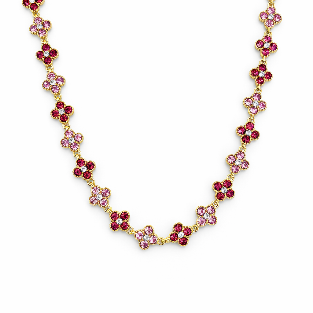 Colar dourado com flores de cristais rosa e vermelho