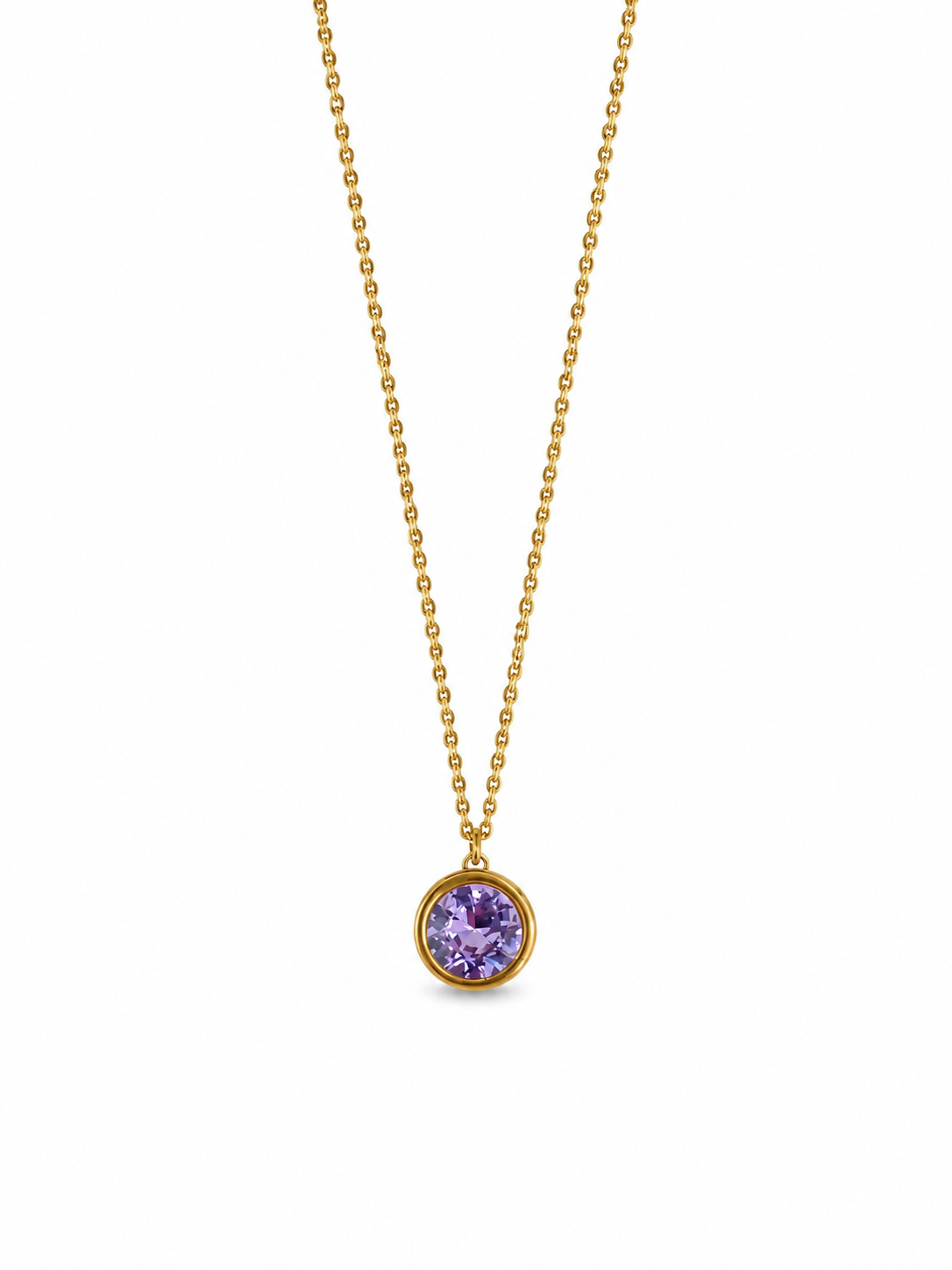 Colar dourado com pendente redondo e pedra roxa