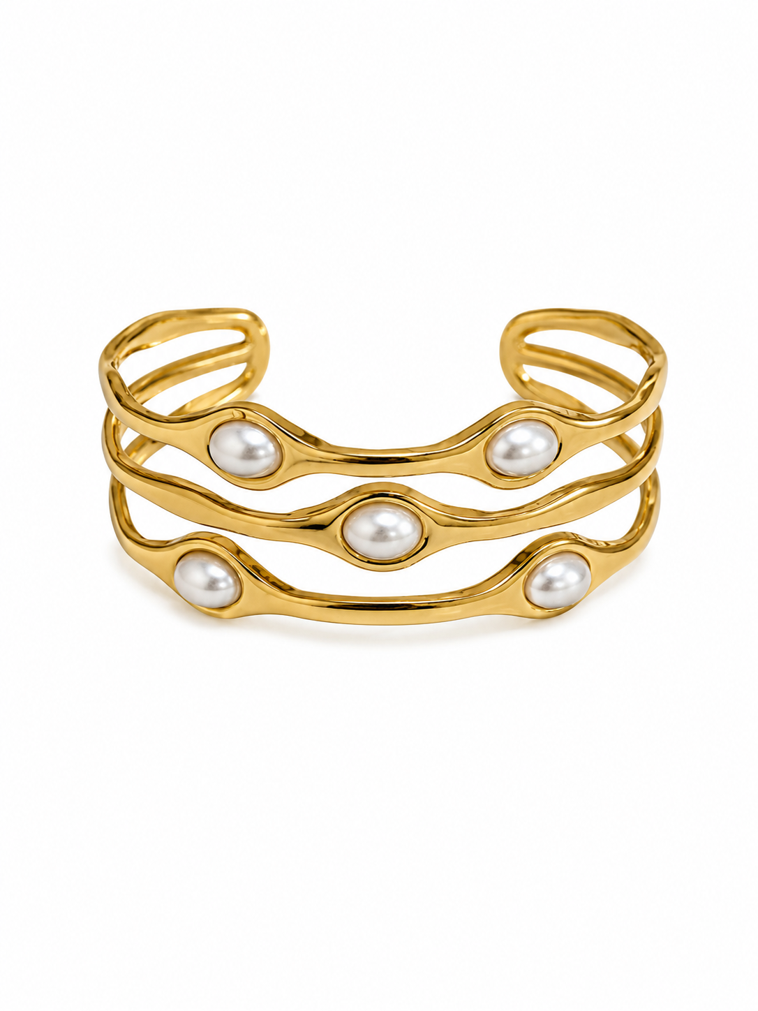 Pulseira dourada com pérolas embutidas