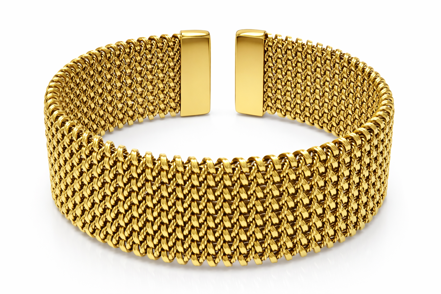 Pulseira dourada de malha trançada com acabamento polido