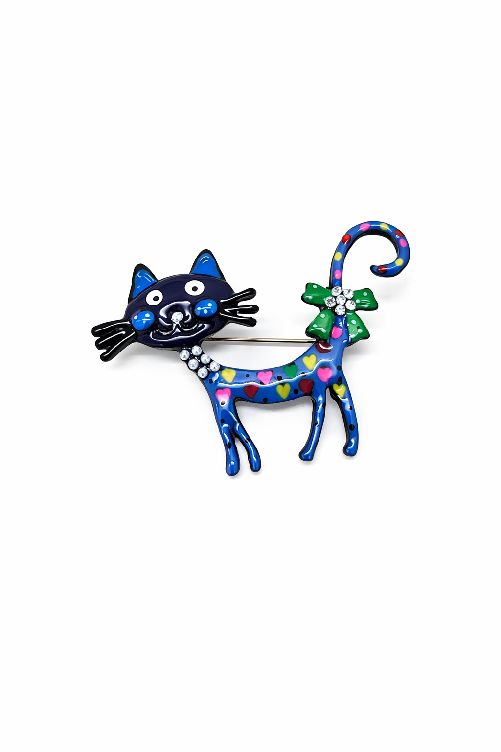 Broche em forma de gato colorido com laço verde e cristais
