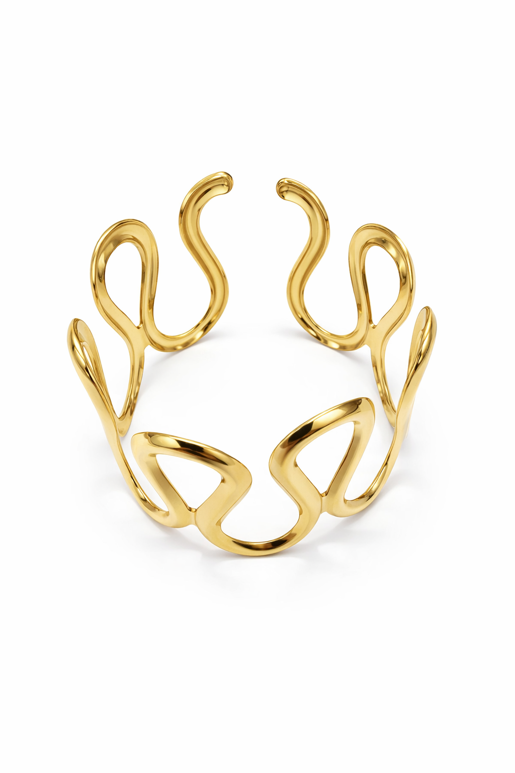 Pulseira dourada de metal com design ondulado aberto