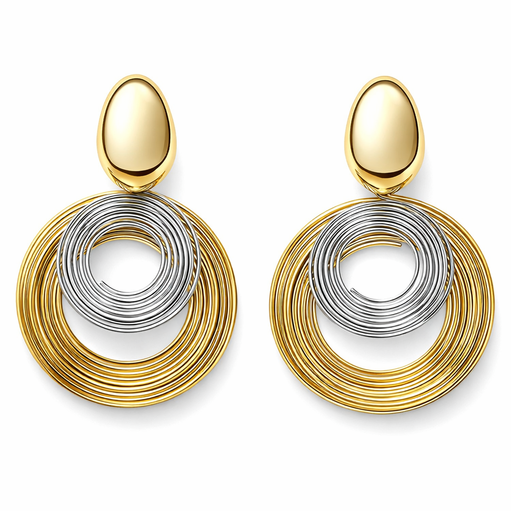 Brincos dourados e prateados com design circular enrolado