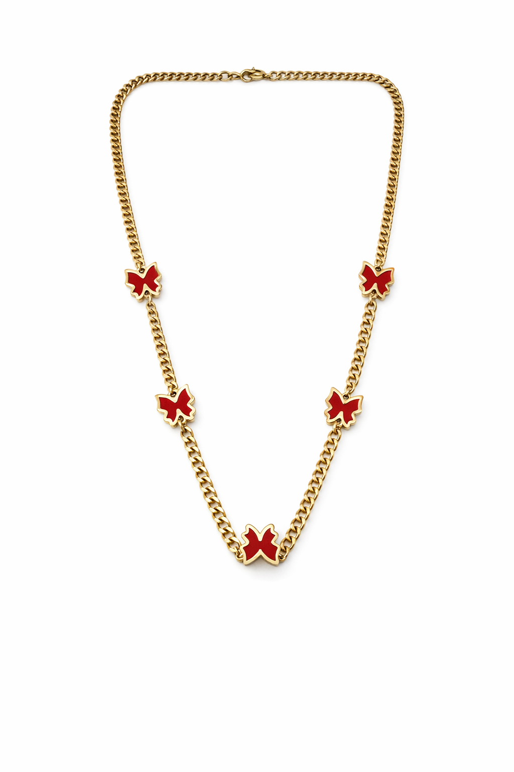 Colar dourado com pendentes vermelhos em forma de borboleta