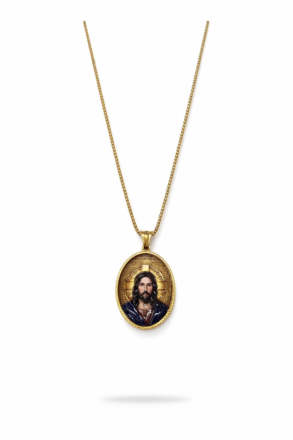 Colar dourado com pendente oval com figura masculina pintada