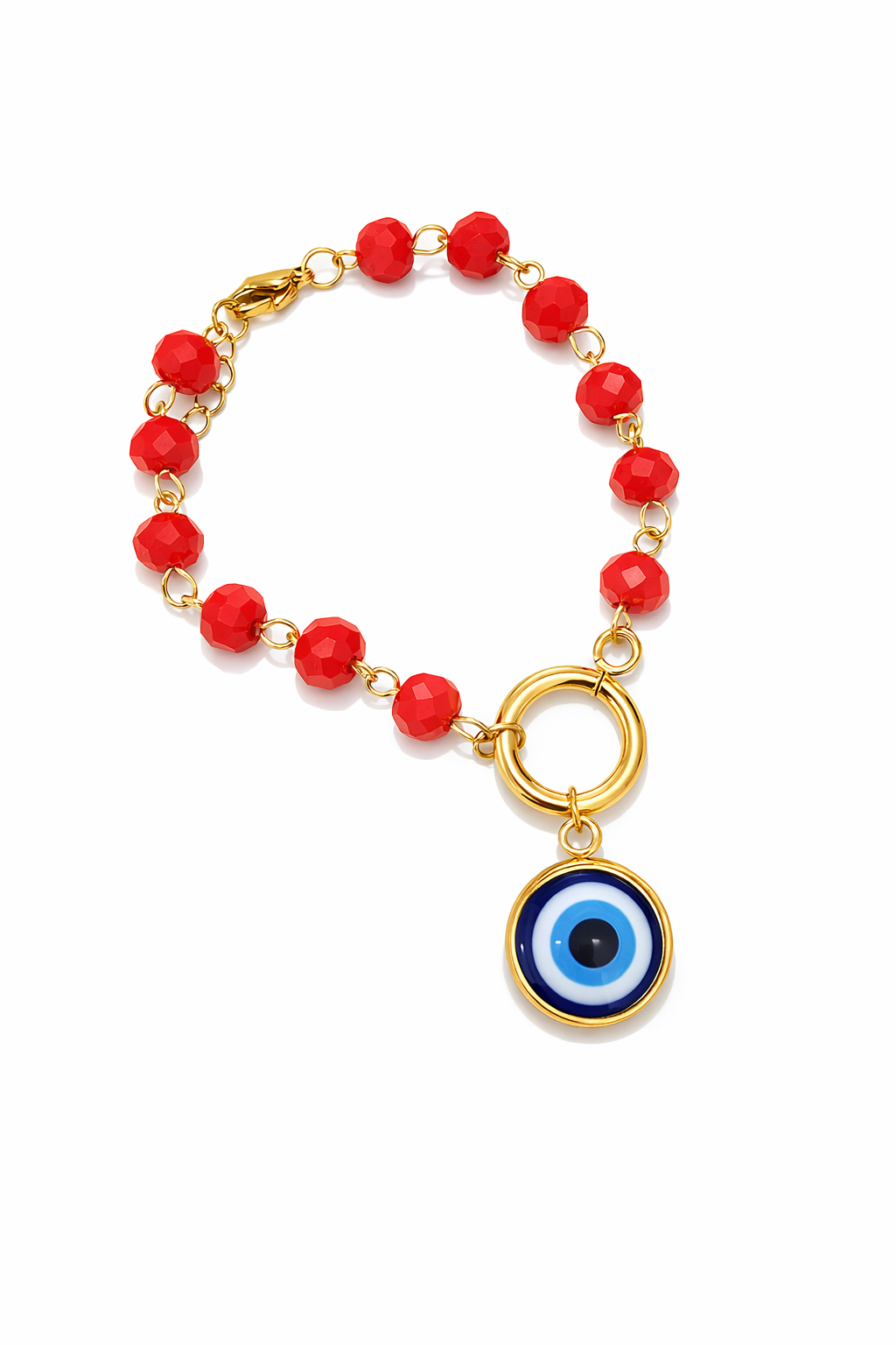Pulseira com contas vermelhas e pendente olho azul