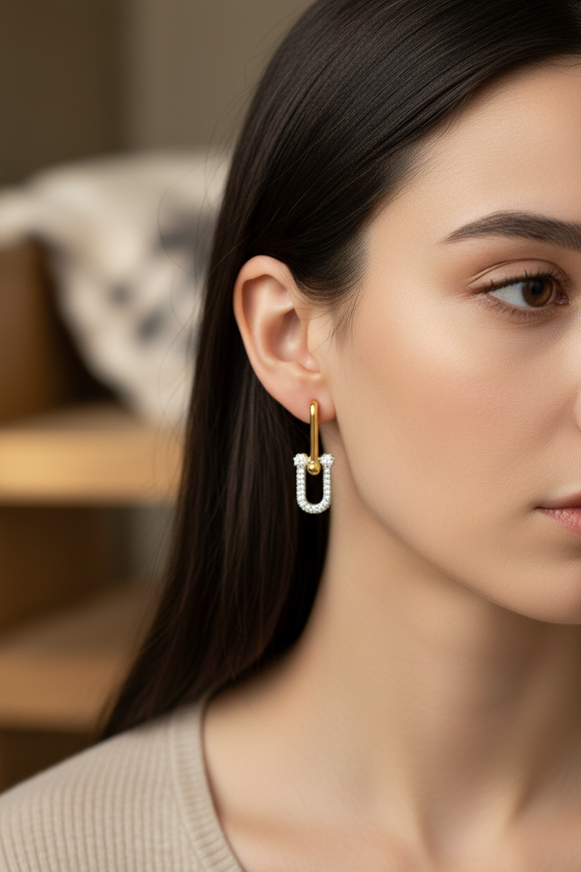 Brinco pendente dourado com diamantes na orelha de mulher