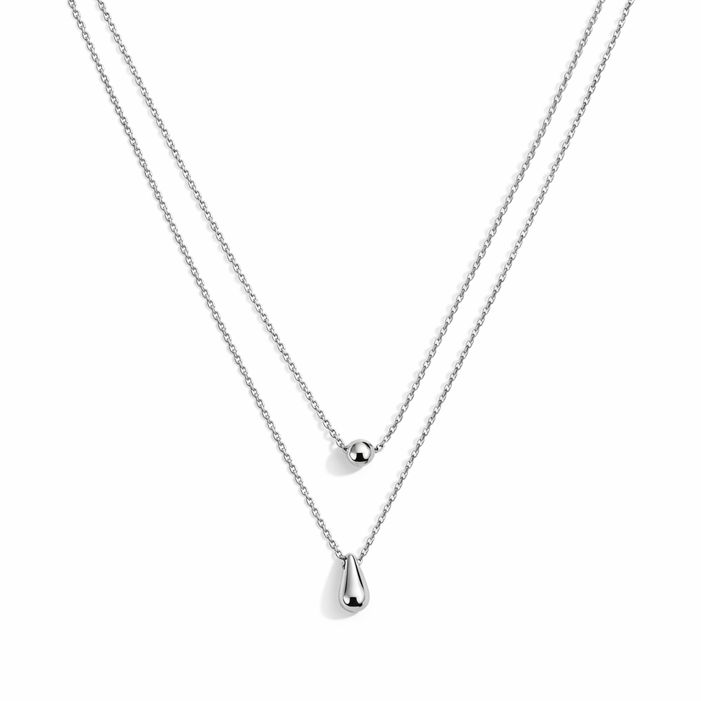 Colar duplo prateado com pendentes redondo e gota