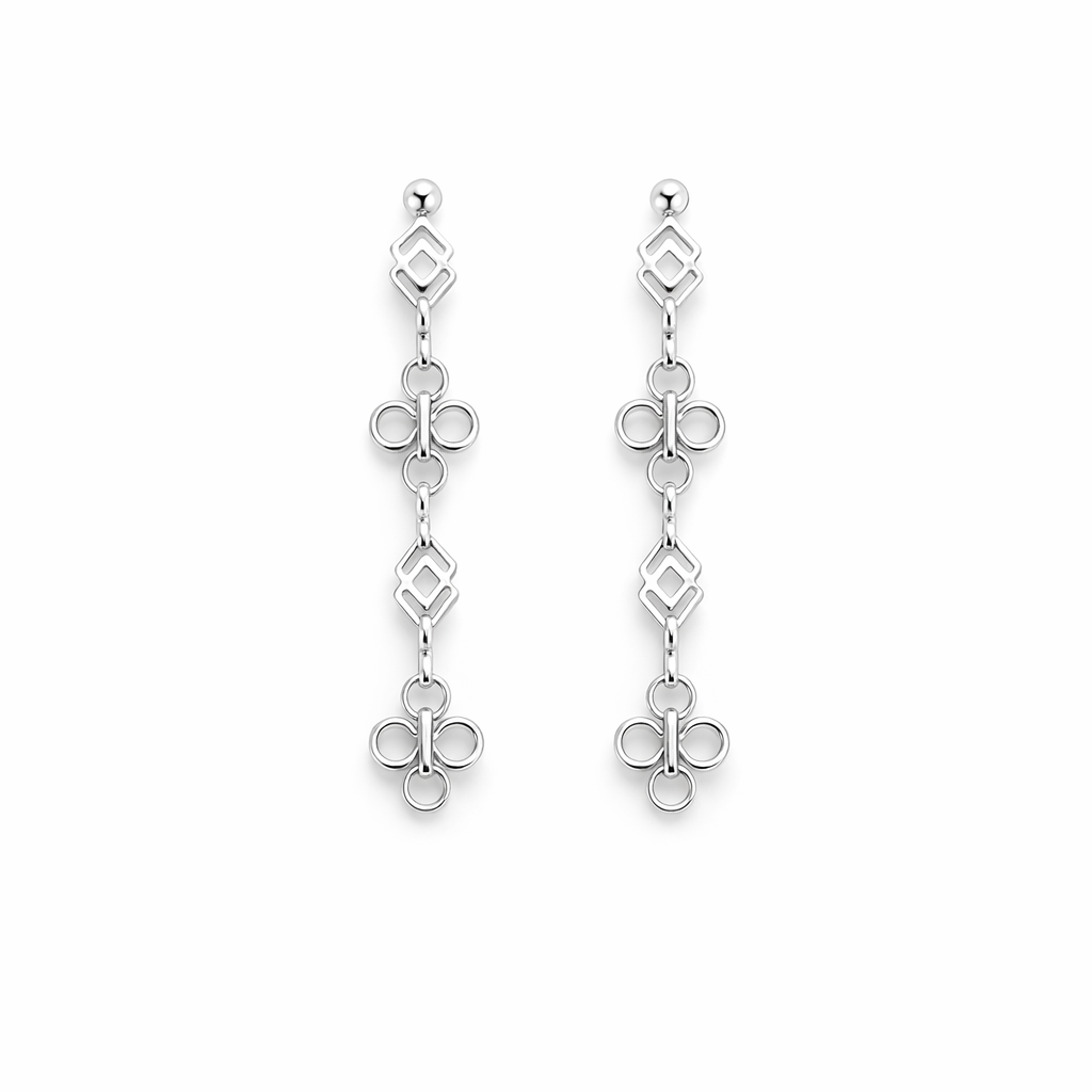 Brincos pendentes em metal prateado com design geométrico e floral