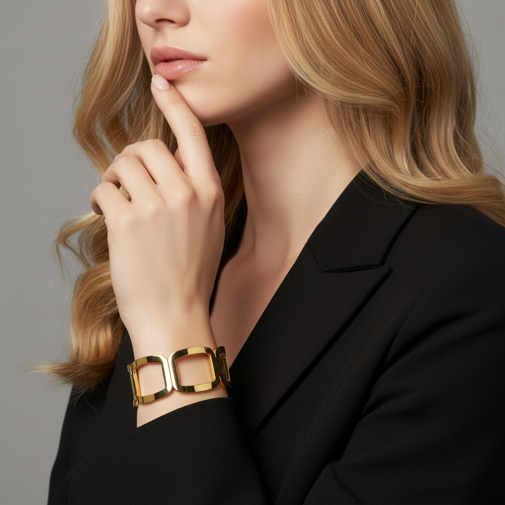 Bracelete dourado com elos quadrados largos no pulso de mulher com casaco preto.