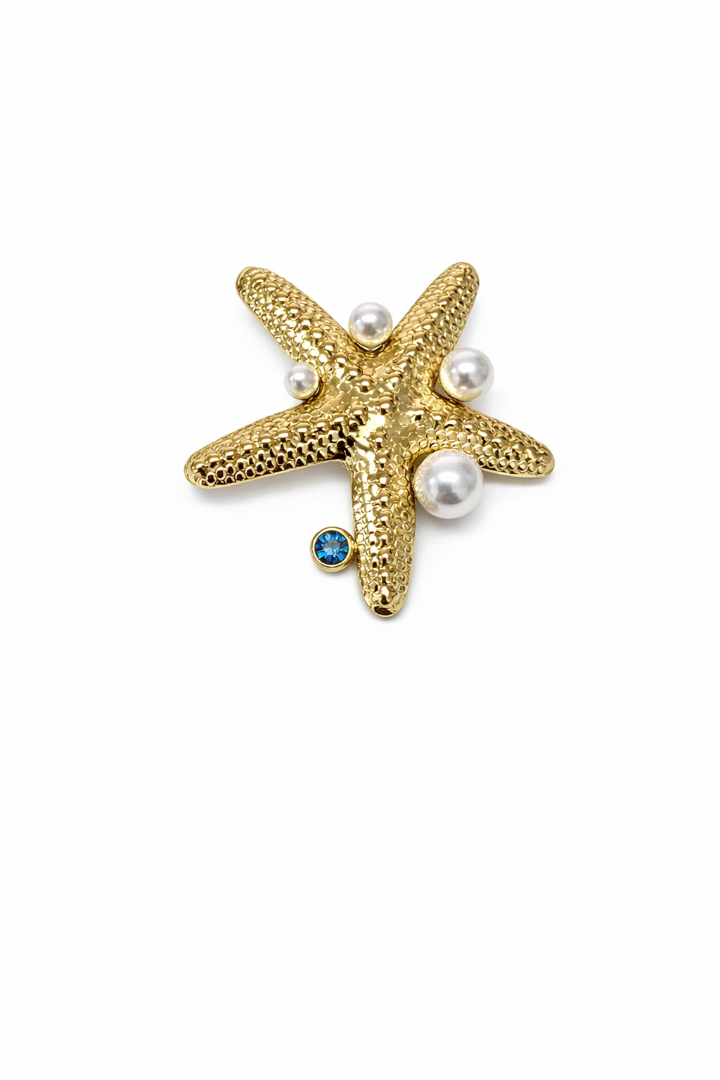 Broche dourado em forma de estrela do mar com pérolas e pedra azul