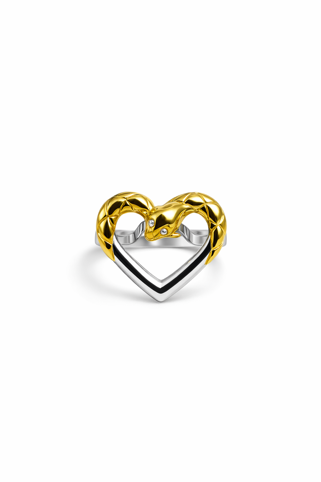 Anel em forma de coração com serpentes douradas e prateadas