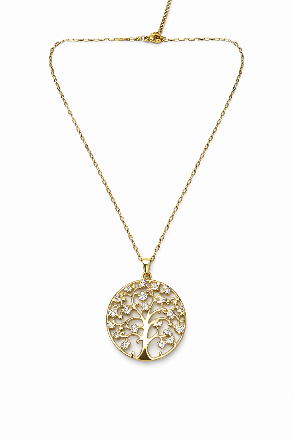 Colar dourado com pendente de árvore decorado com pedras brilhantes