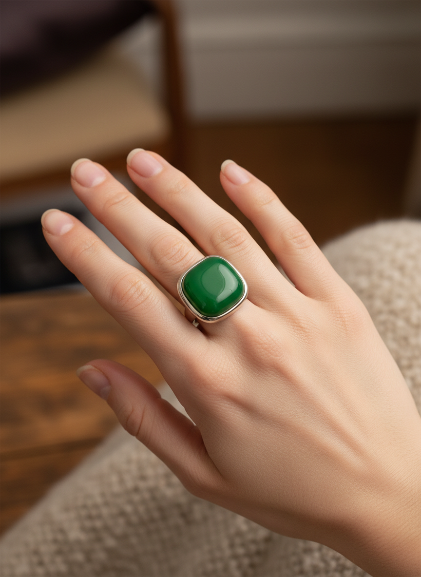 Anel com pedra verde quadrada e borda prateada no dedo médio de mão feminina