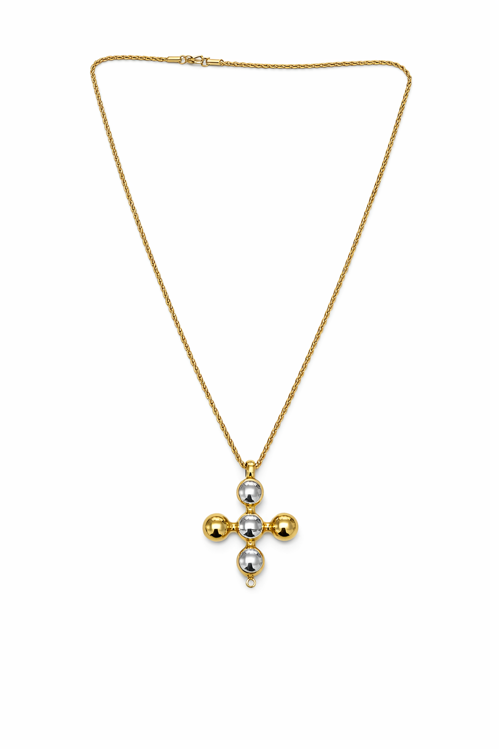 Colar dourado com pendente cruz de bolas douradas e prateadas