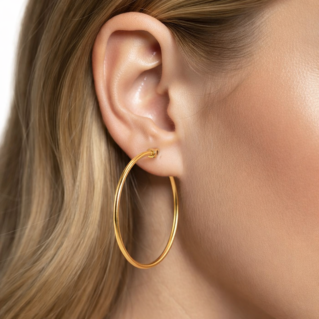 Argola dourada lisa em orelha feminina com cabelo loiro